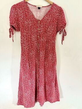 Red Floral Calico Summer Midi Dress Prairie Button Front Linen Blend Pockets